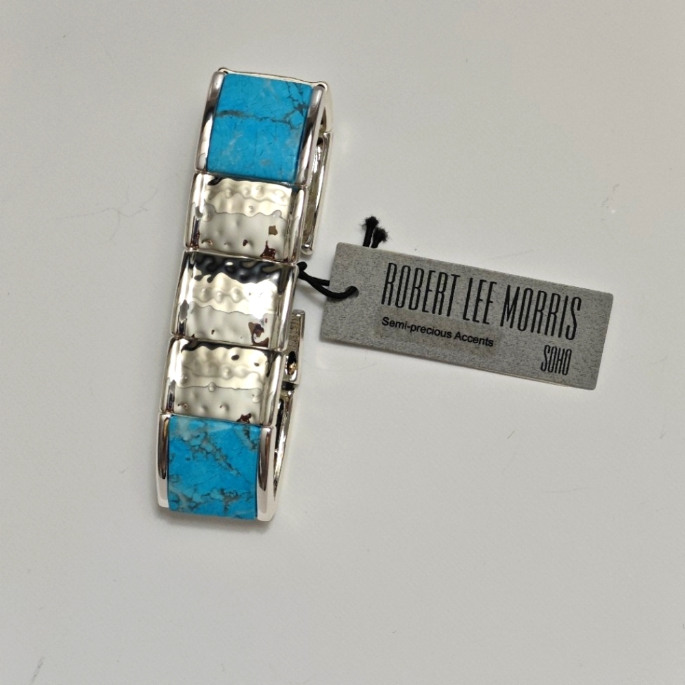 Robert Lee Morris SOHO Hammered Link Silver Tone Turquoise Bracelet